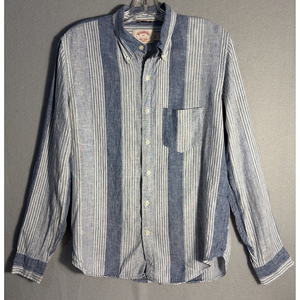 Brooks Brothers Shirt Mens Medium Blue Stripes Irish Linen Button Up Casual